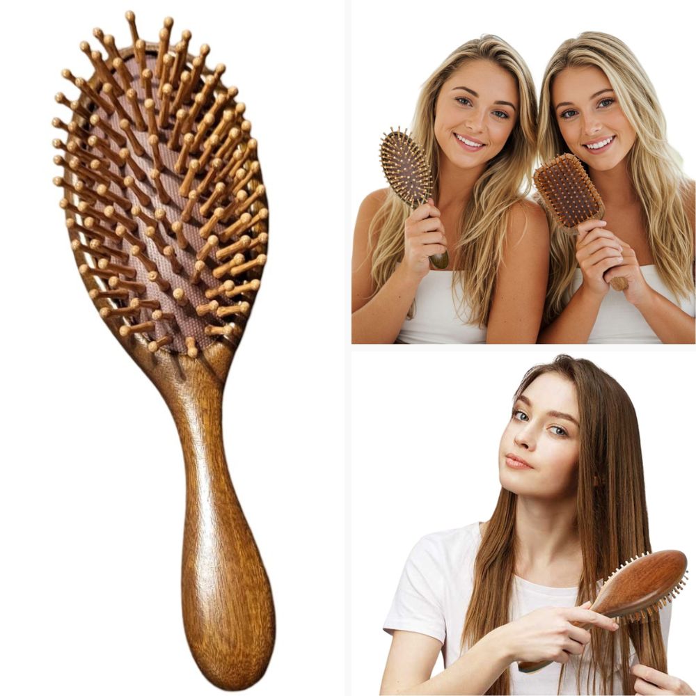 Natural Sandalwood Detangling Hair Brush Handcrafted Wooden Bristle Detangler Hairbrush