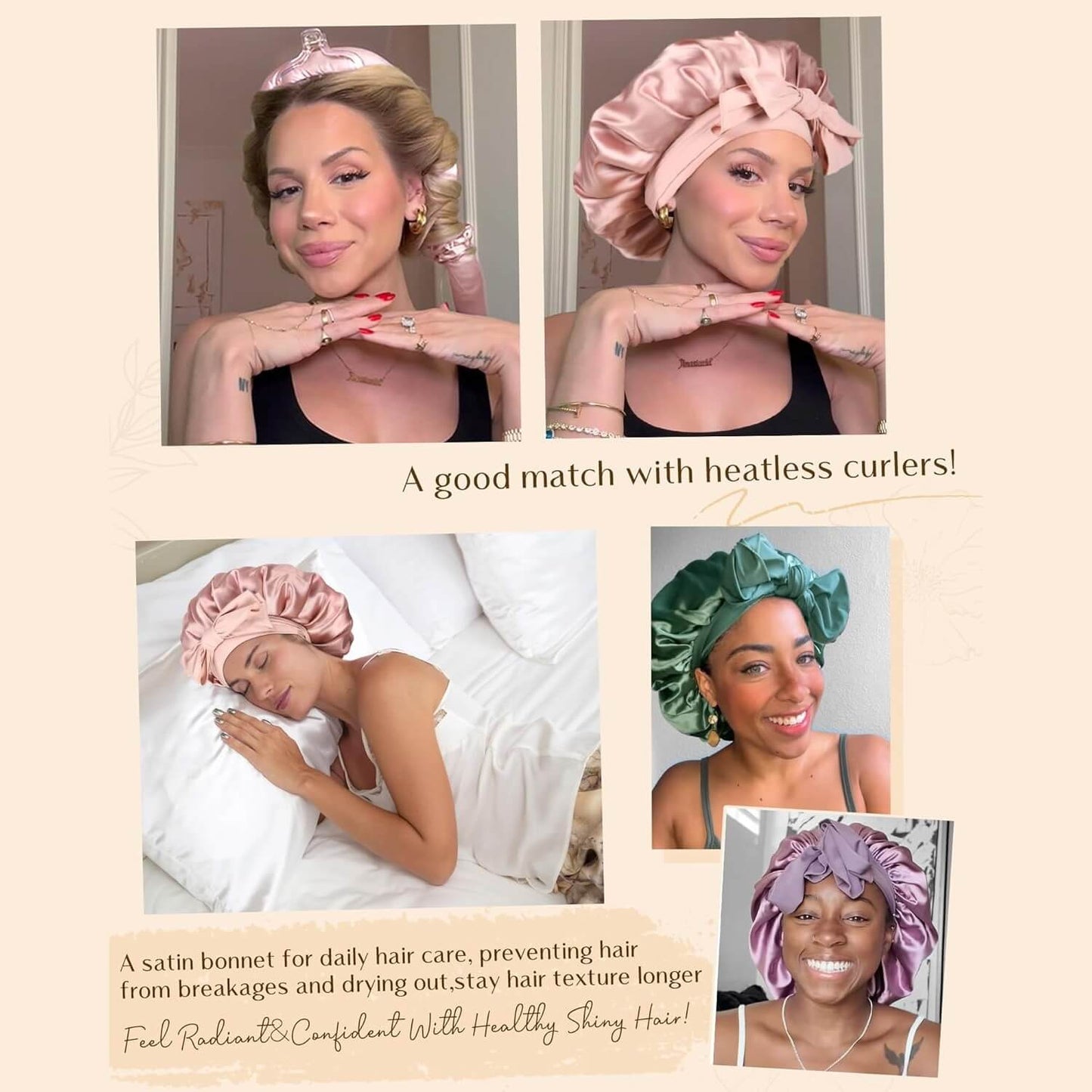 Hair Bonnet for Sleeping Women Satin Bonnet Night Sleep Cap Scarf Wrap for Curly Hair with Tie Band