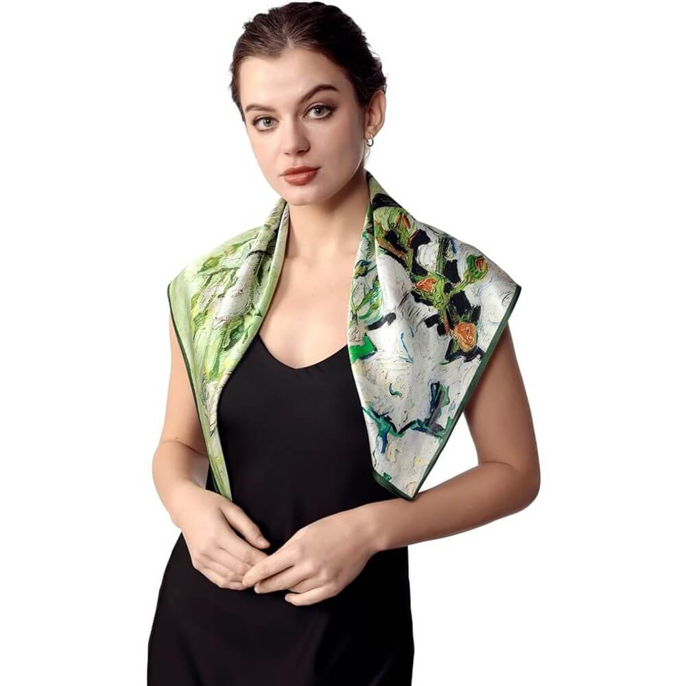 Floral 100% Silk Bandana Head Scarf for Women Vintage Silk Wrap Neck Large Square