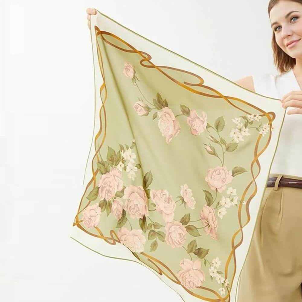 Floral 100% Silk Bandana Head Scarf for Women Vintage Silk Wrap Neck Large Square