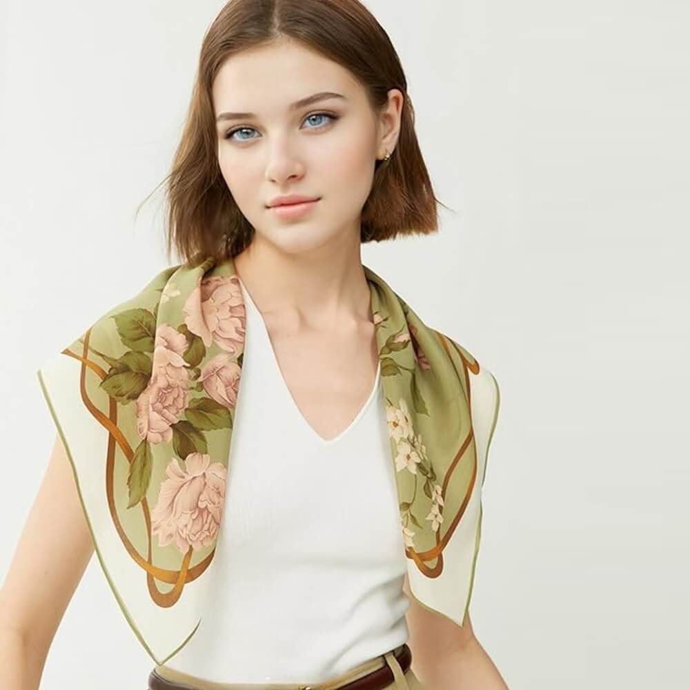 Floral 100% Silk Bandana Head Scarf for Women Vintage Silk Wrap Neck Large Square