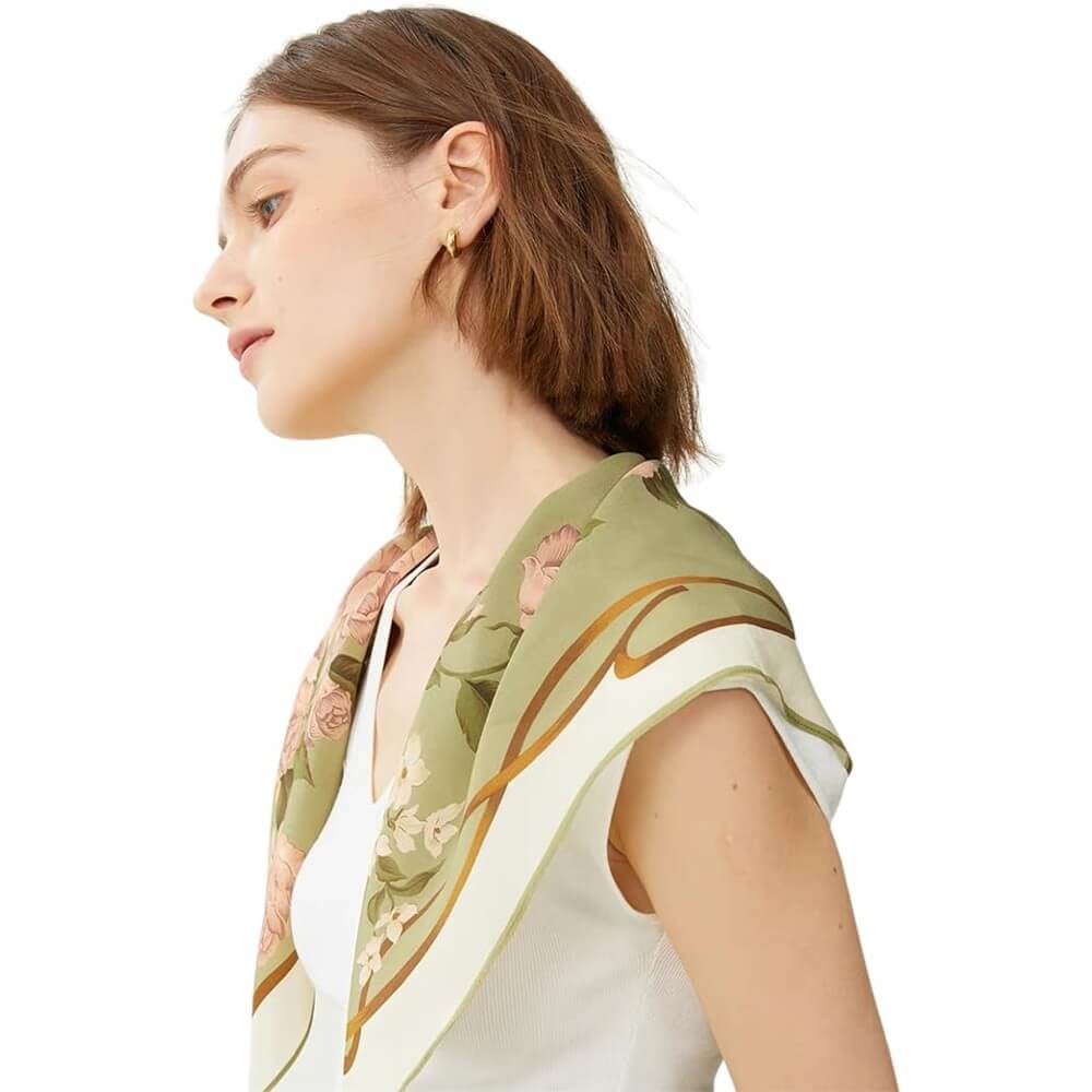 Floral 100% Silk Bandana Head Scarf for Women Vintage Silk Wrap Neck Large Square