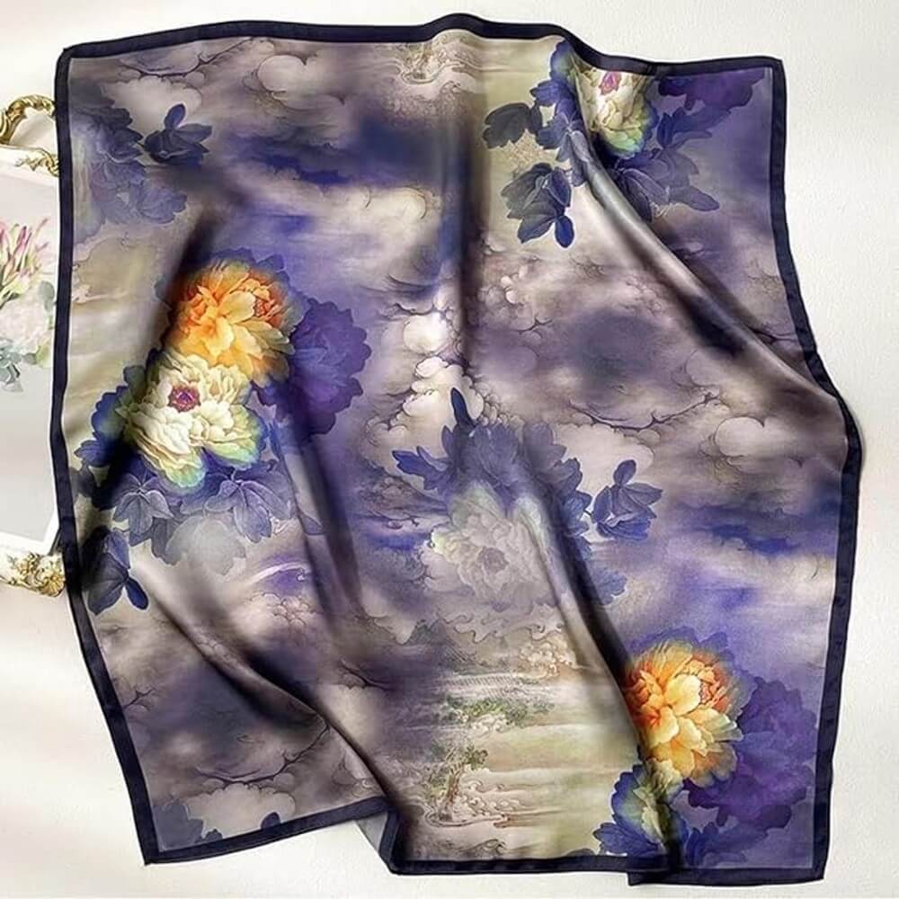 Floral 100% Silk Bandana Head Scarf for Women Vintage Silk Wrap Neck Large Square