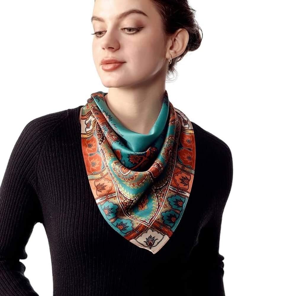Floral 100% Silk Bandana Head Scarf for Women Vintage Silk Wrap Neck Large Square