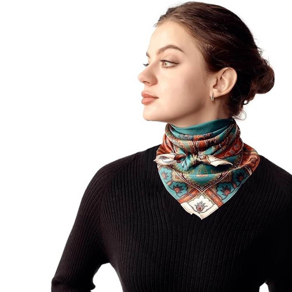 Floral 100% Silk Bandana Head Scarf for Women Vintage Silk Wrap Neck Large Square