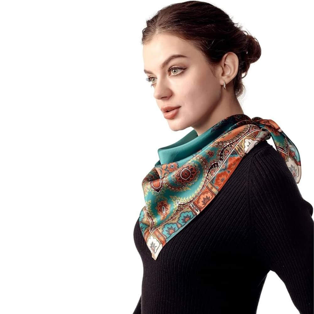 Floral 100% Silk Bandana Head Scarf for Women Vintage Silk Wrap Neck Large Square