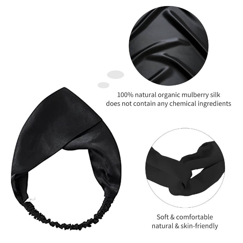 100% Mulberry Silk Headband Elastic Twisted Head Hair Wrap Spa Accessory Grade 6A Silk - Black
