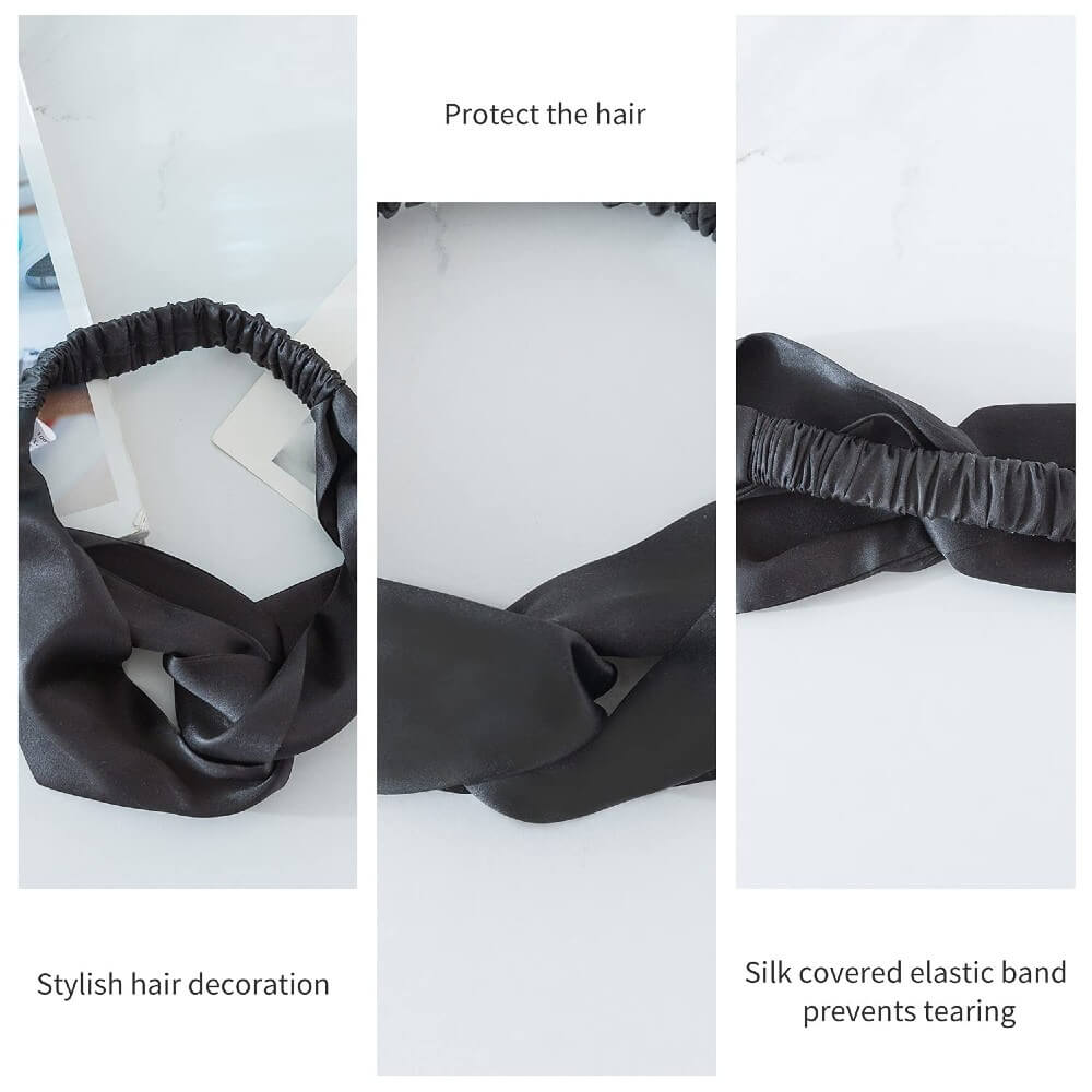 100% Mulberry Silk Headband Elastic Twisted Head Hair Wrap Spa Accessory Grade 6A Silk - Black