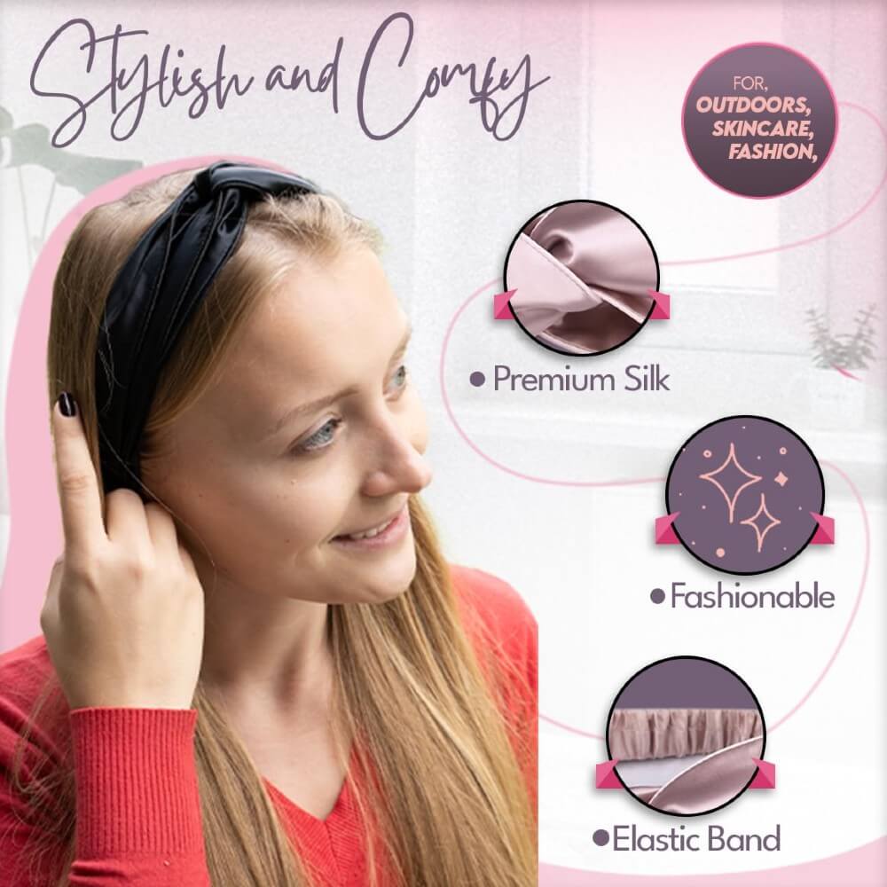 100% Mulberry Silk Headband Elastic Twisted Head Hair Wrap Spa Accessory Grade 6A Silk - Black