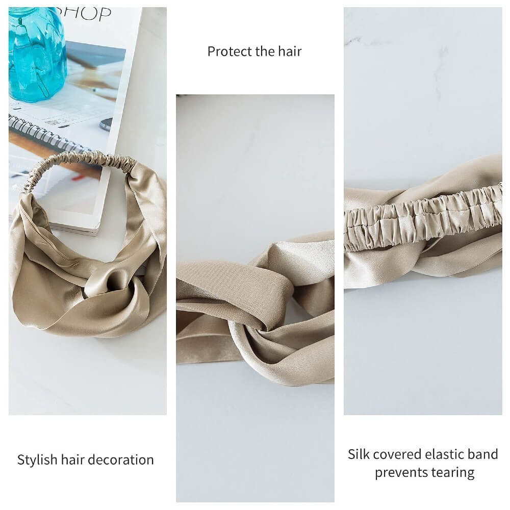 100% Mulberry Silk Headband Elastic Twisted Head Hair Wrap Spa Accessory Grade 6A Silk - Champagne