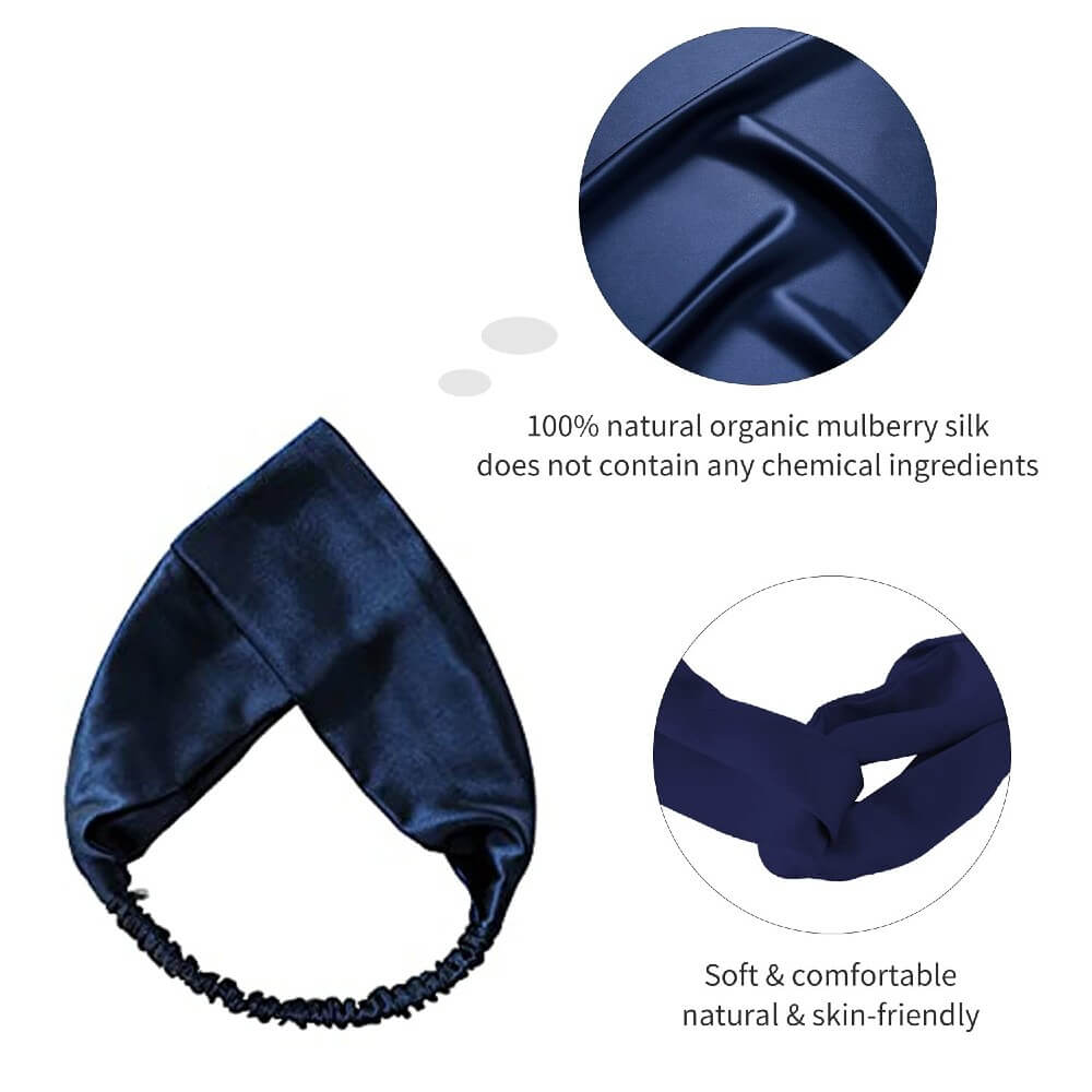 100% Mulberry Silk Headband Elastic Twisted Head Hair Wrap Spa Accessory Grade 6A Silk - Navy Blue
