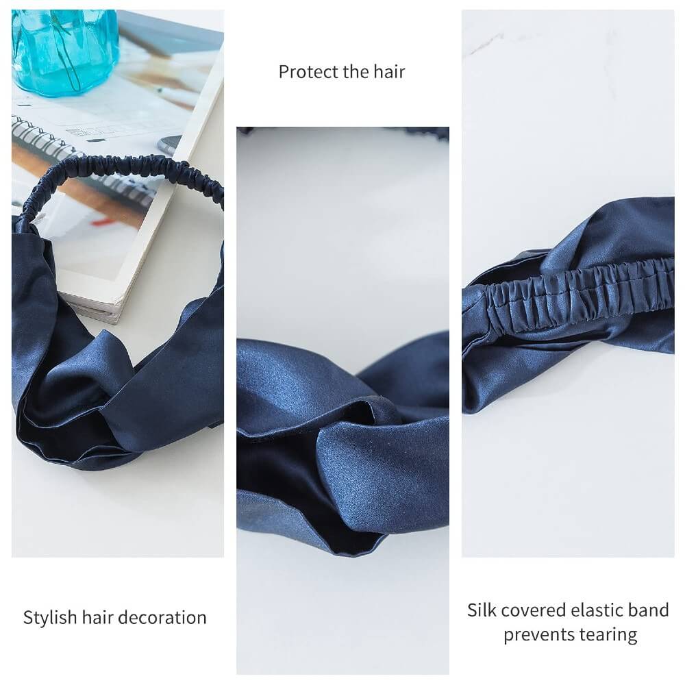 100% Mulberry Silk Headband Elastic Twisted Head Hair Wrap Spa Accessory Grade 6A Silk - Navy Blue
