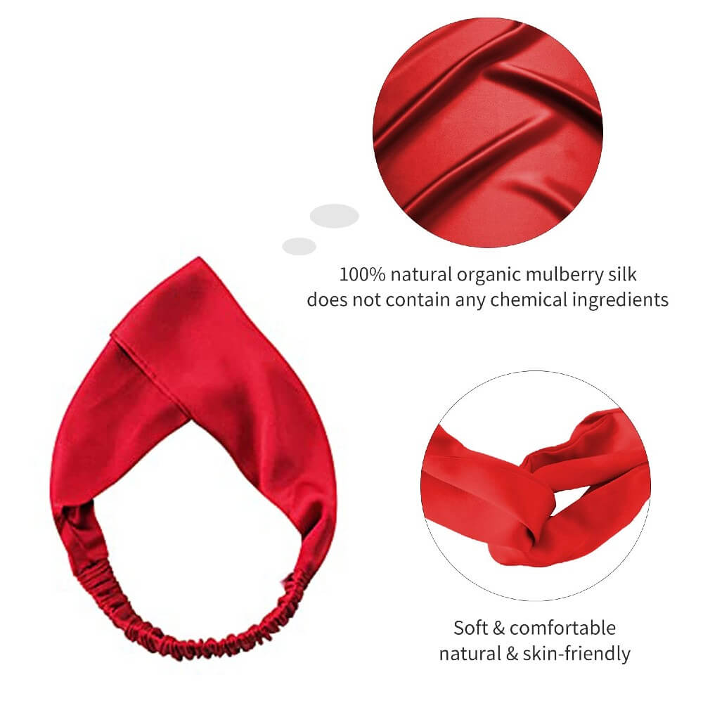 100% Mulberry Silk Headband Elastic Twisted Head Hair Wrap Spa Accessory Grade 6A Silk - Red