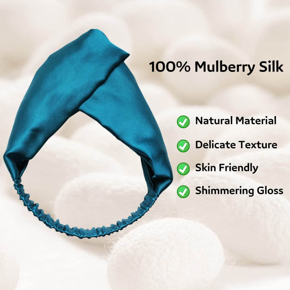 100% Mulberry Silk Headband Elastic Twisted Head Hair Wrap Spa Accessory Grade 6A Silk - Peacock Blue