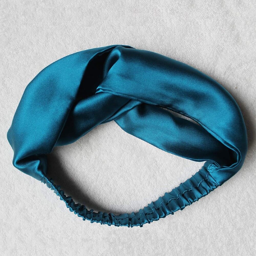 100% Mulberry Silk Headband Elastic Twisted Head Hair Wrap Spa Accessory Grade 6A Silk - Peacock Blue