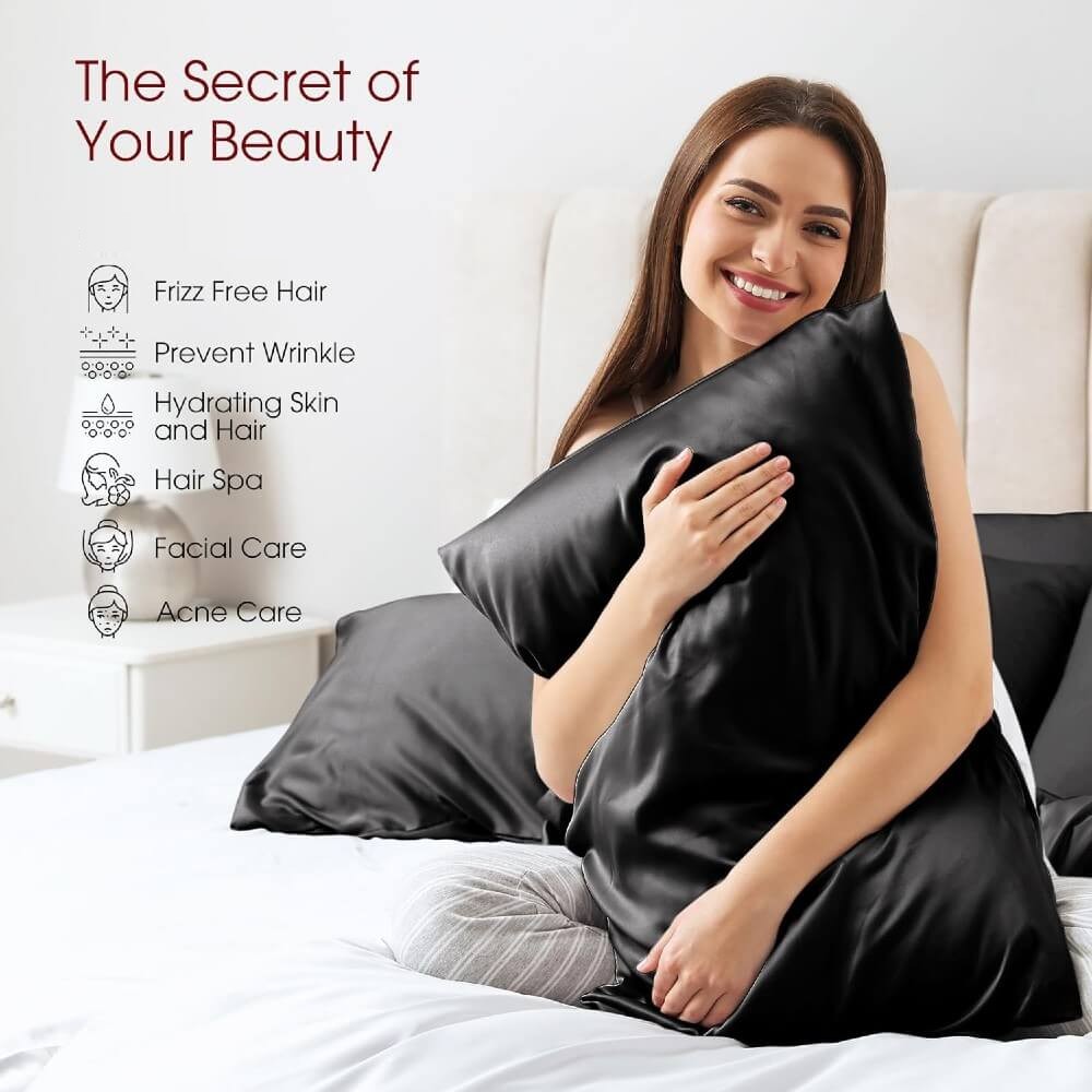 2 Pack Silk Pillowcase for Hair and Skin 100% Mulberry Silk Pillow Case 22 Momme 6A Grade with Hidden Zipper - Black