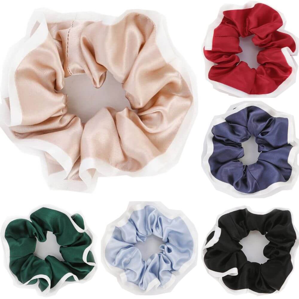 Silk Hair Scrunchies with White Trim Large Elastic Hair Ties Ponytail Holder