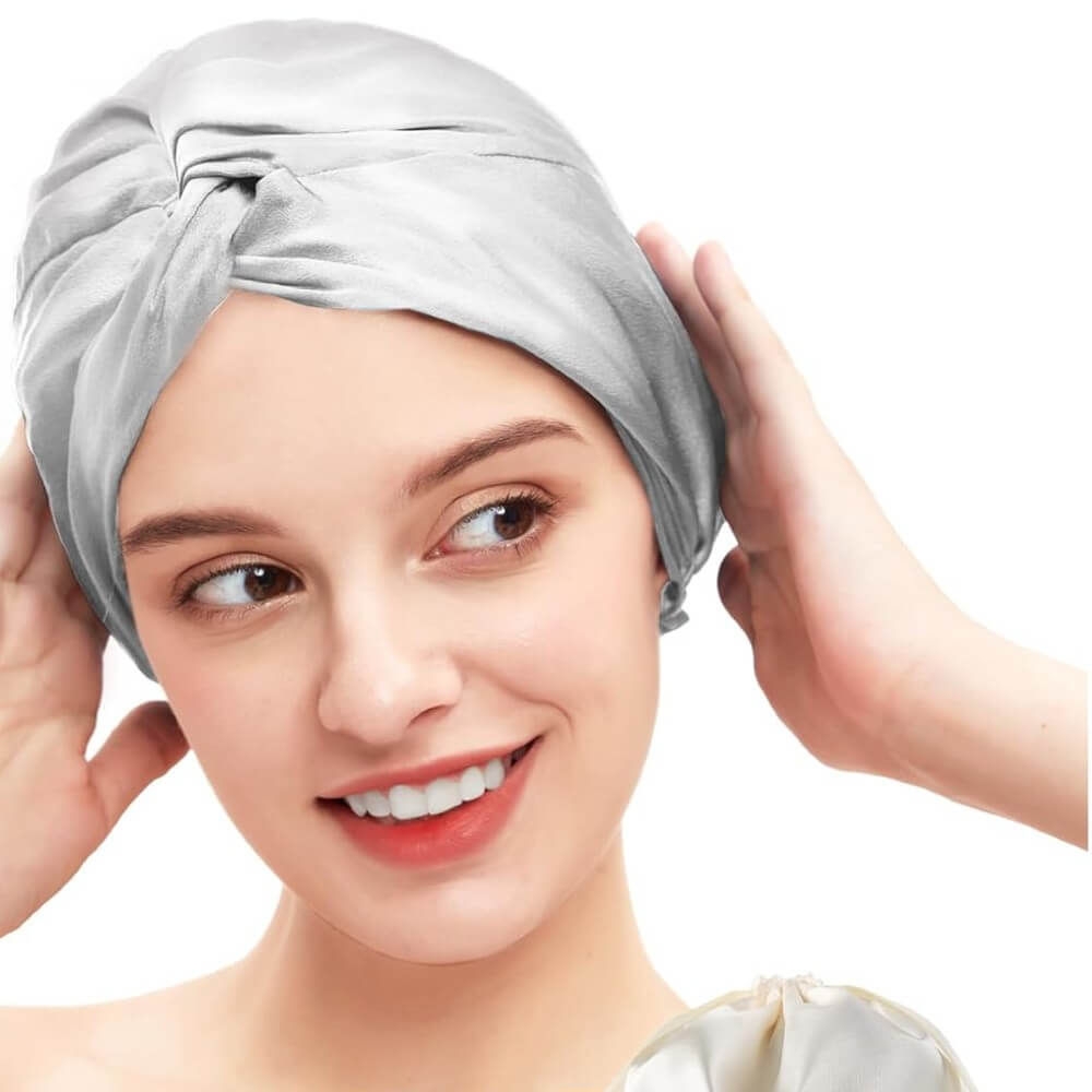 100% Premium Mulberry Silk Bonnet for Healthy Hair Silky Soft Sleep Cap Double-Sided Frizz-Free Moisture Retention - Silver Grey