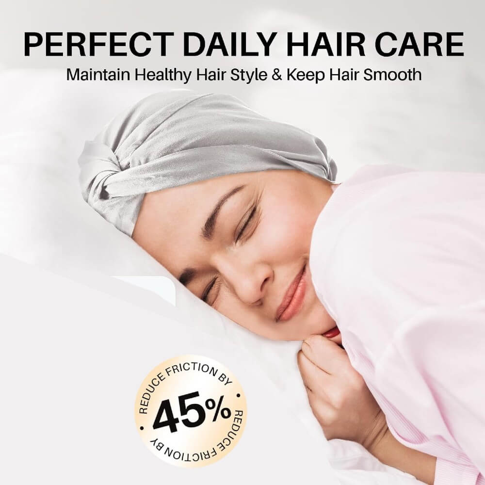 100% Premium Mulberry Silk Bonnet for Healthy Hair Silky Soft Sleep Cap Double-Sided Frizz-Free Moisture Retention - Silver Grey