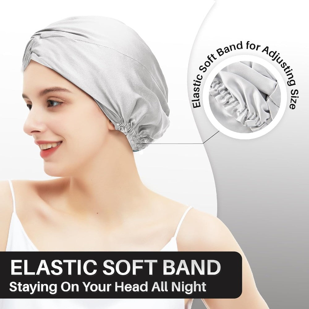 100% Premium Mulberry Silk Bonnet for Healthy Hair Silky Soft Sleep Cap Double-Sided Frizz-Free Moisture Retention - Silver Grey