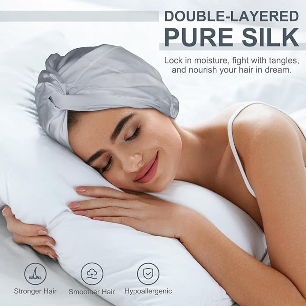 100% Premium Mulberry Silk Bonnet for Healthy Hair Silky Soft Sleep Cap Double-Sided Frizz-Free Moisture Retention - Silver Grey