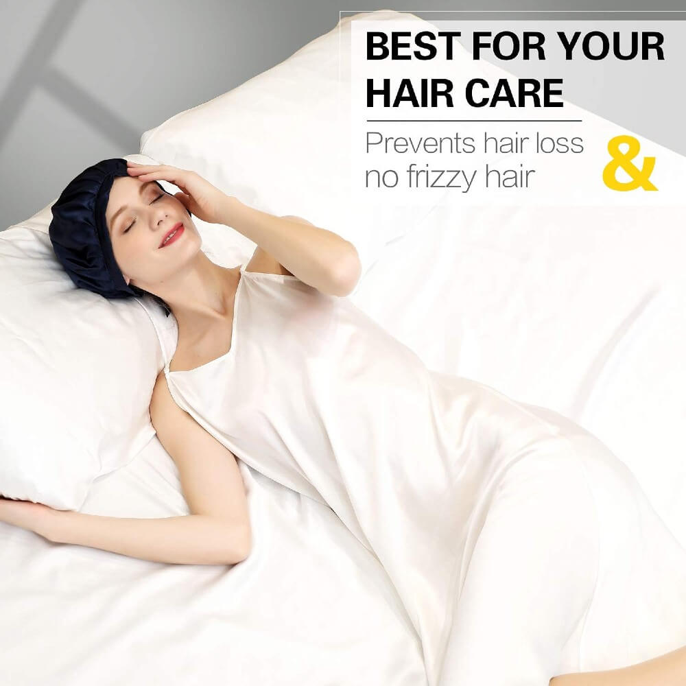 100% Mulberry Silk Sleep Cap for Women Hair Care Natural Silk Night Bonnet 19 Momme with Adjustable Ribbons