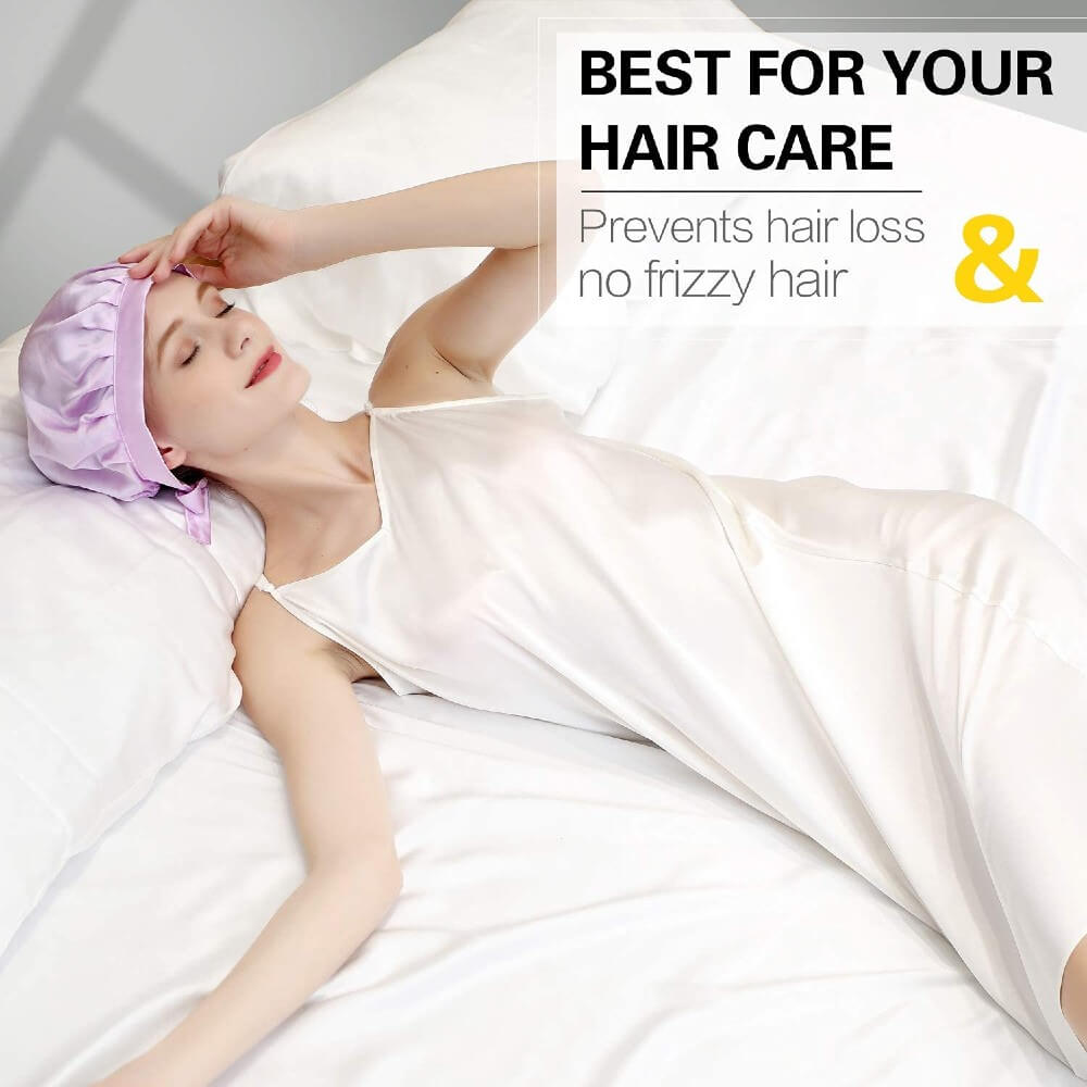 100% Mulberry Silk Sleep Cap for Women Hair Care Natural Silk Night Bonnet 19 Momme with Adjustable Ribbons