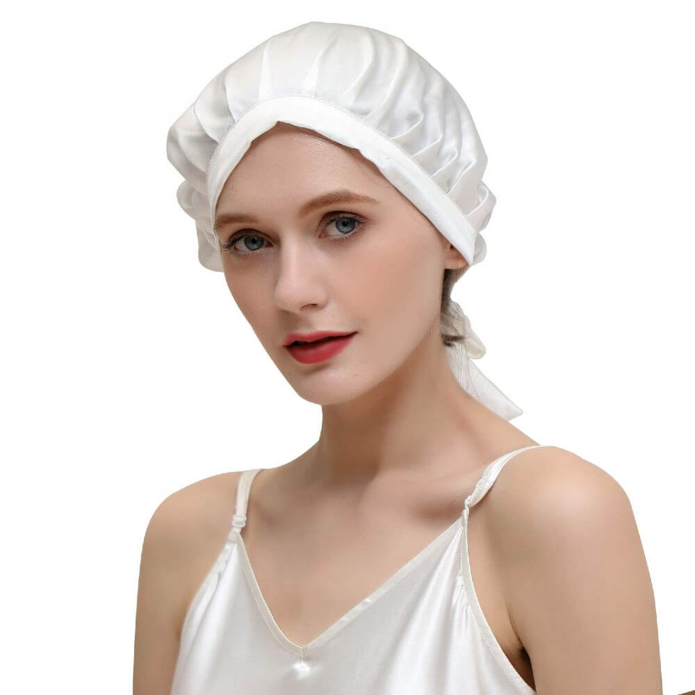 100% Mulberry Silk Sleep Cap for Women Hair Care Natural Silk Night Bonnet 19 Momme with Adjustable Ribbons