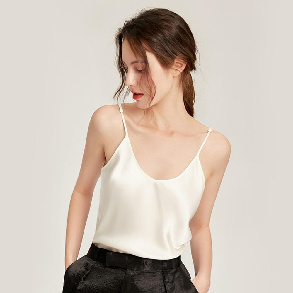 Pure Silk Camisole Cami Top Plain Strappy Tank Silky Loose Blouse V-Neck Spaghetti Strap