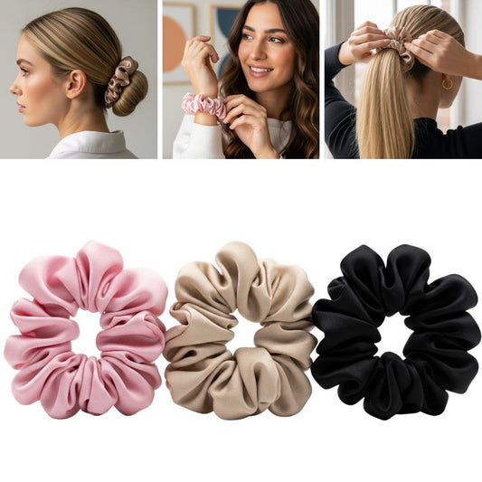 Silk Hair Scrunchies 100% Pure Mulberry Elastic Hair Band Ties Hair Care Ponytail Holder No Damage - 3 Pack
