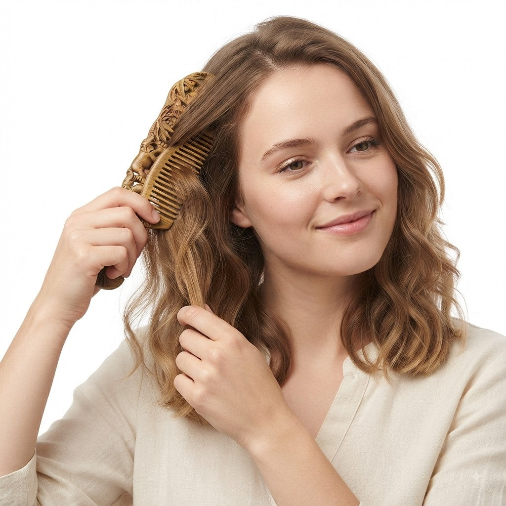 Natural Sandalwood Carved Comb Handcrafted Wooden Hair Comb for Detangling and Massage