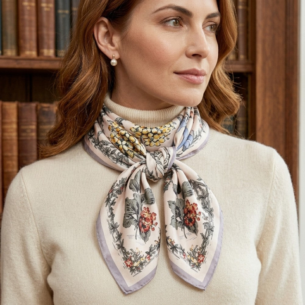 Premium 100% Silk Square Scarf with Stylish Floral Botanical Print Chic Accessory for All Seasons