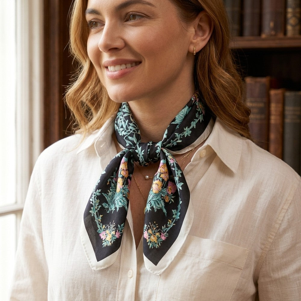 Premium 100% Silk Square Scarf with Stylish Floral Botanical Print Chic Accessory for All Seasons