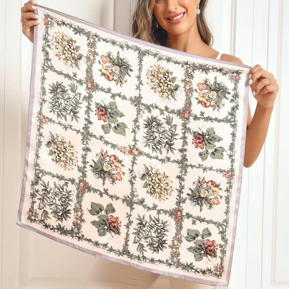 Premium 100% Silk Square Scarf with Stylish Floral Botanical Print Chic Accessory for All Seasons