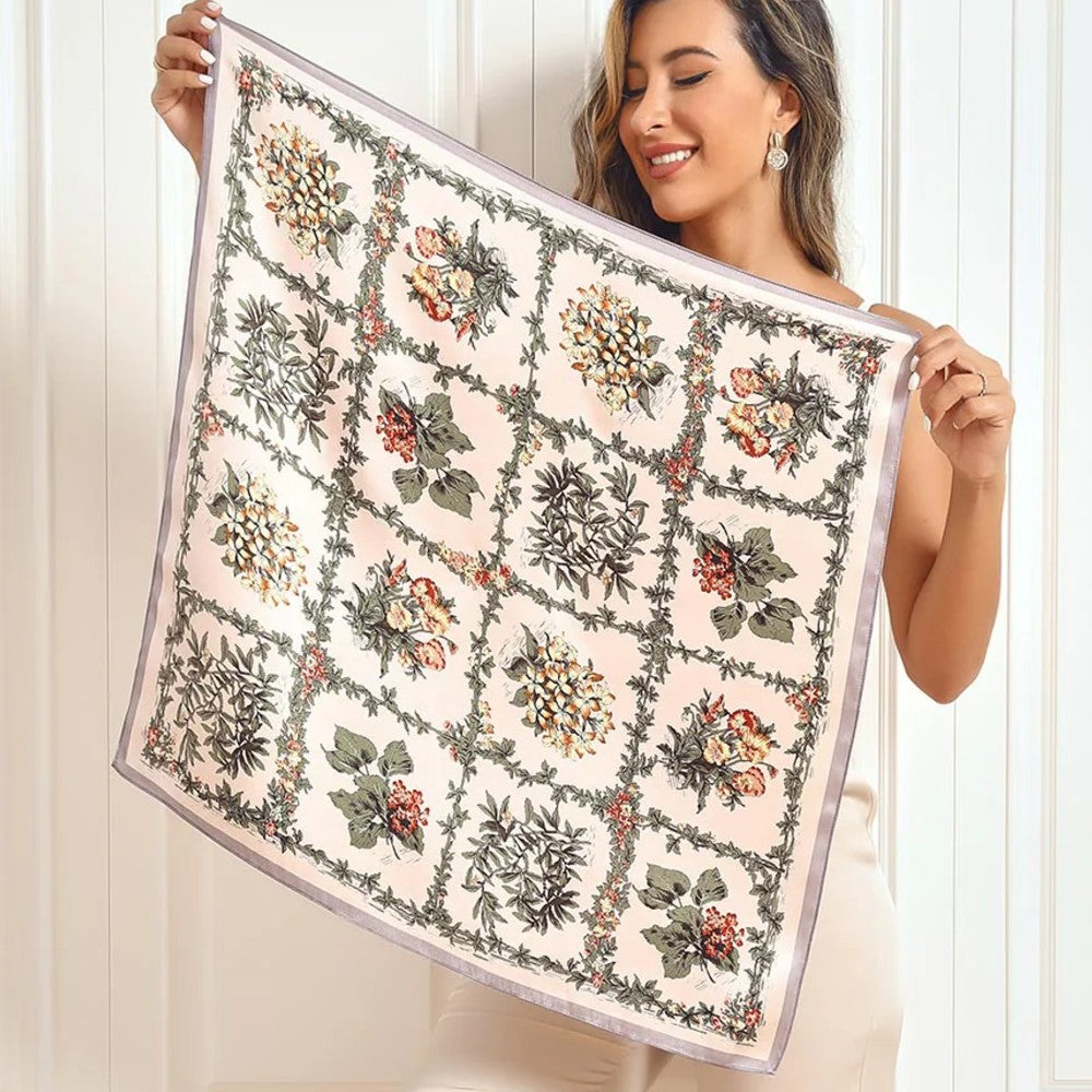 Premium 100% Silk Square Scarf with Stylish Floral Botanical Print Chic Accessory for All Seasons