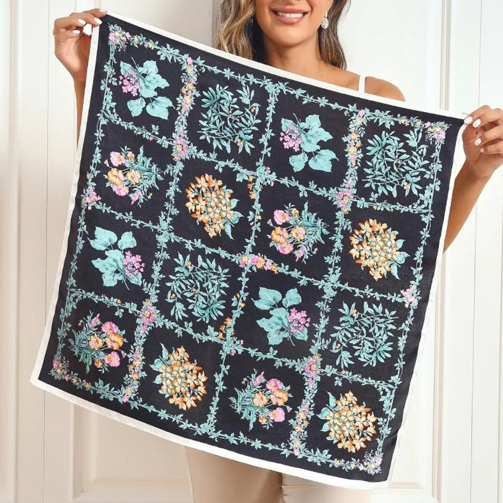 Premium 100% Silk Square Scarf with Stylish Floral Botanical Print Chic Accessory for All Seasons