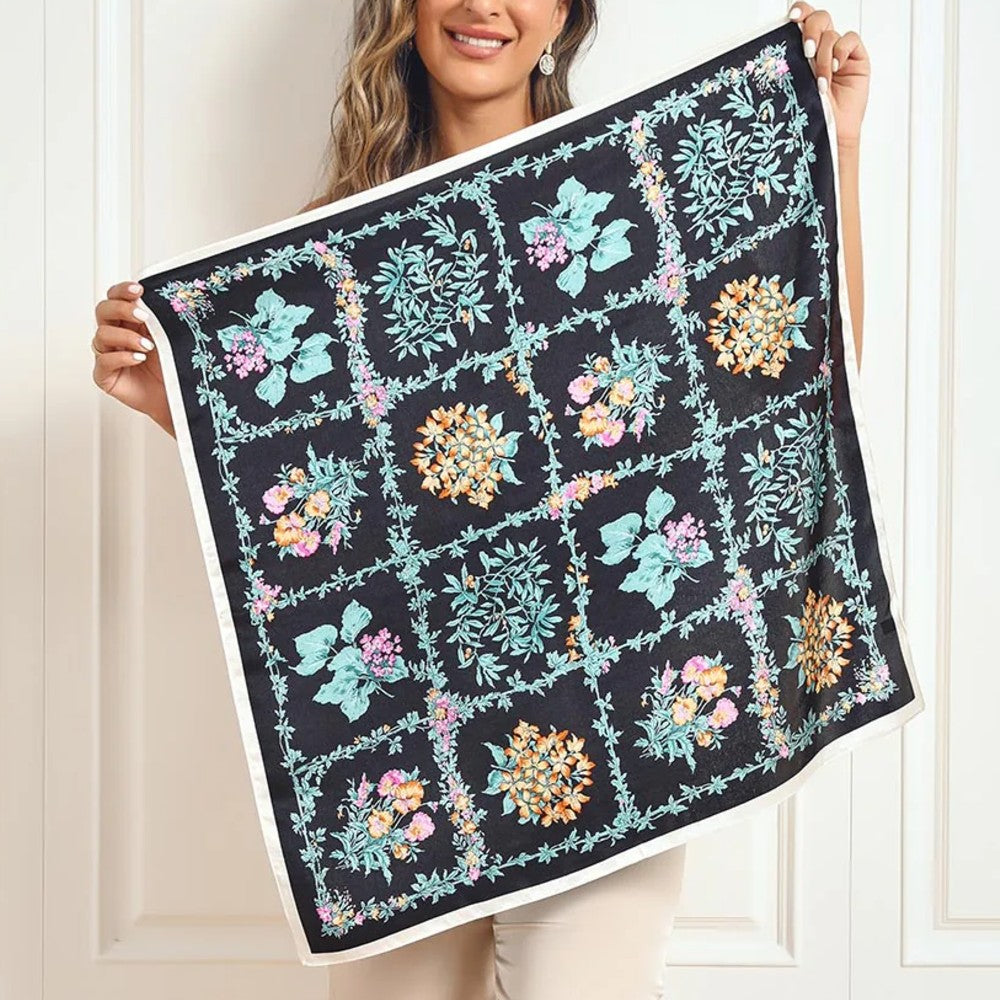 Premium 100% Silk Square Scarf with Stylish Floral Botanical Print Chic Accessory for All Seasons