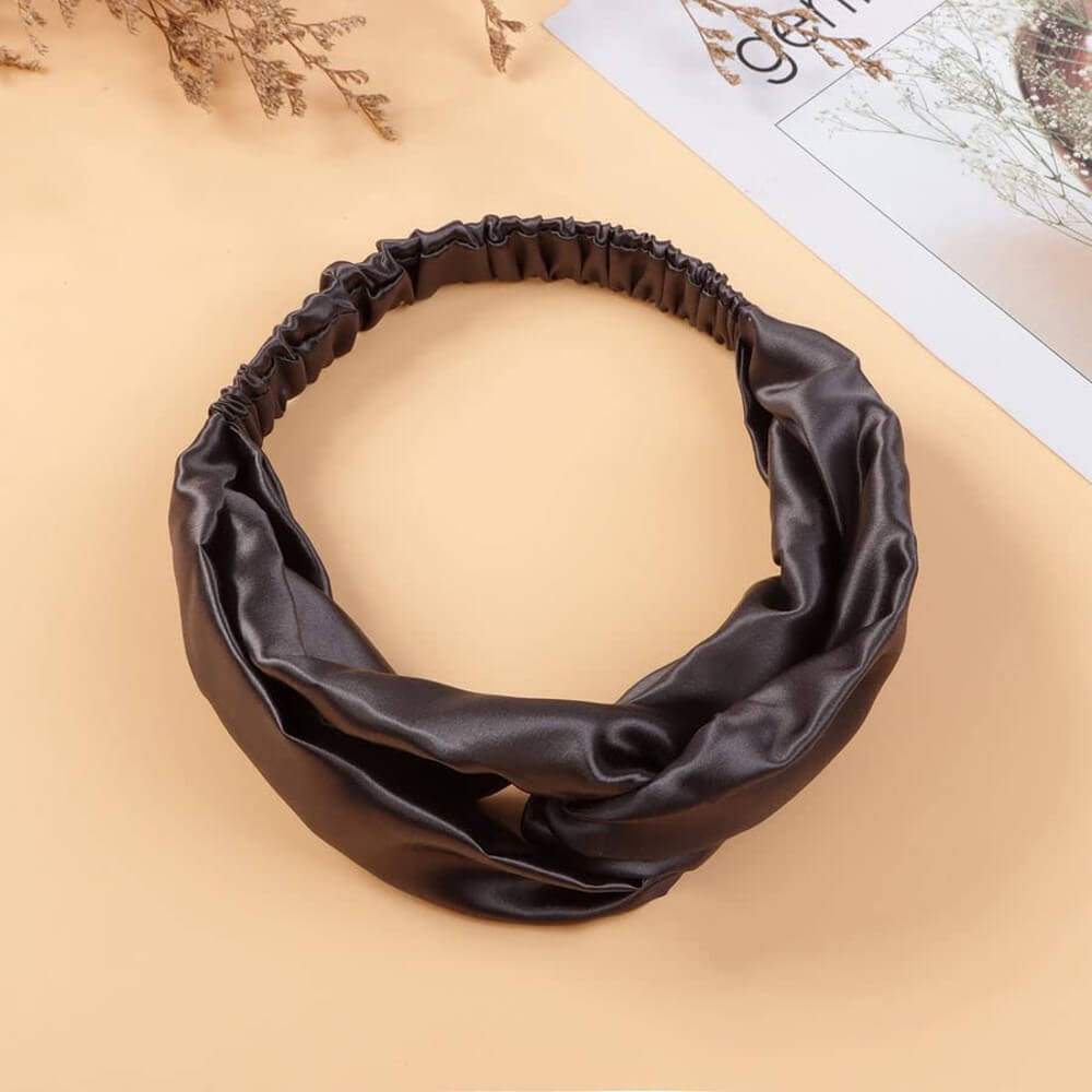 100% Mulberry Silk Headband Elastic Twisted Head Hair Wrap Spa Accessory Grade 6A Silk - Black
