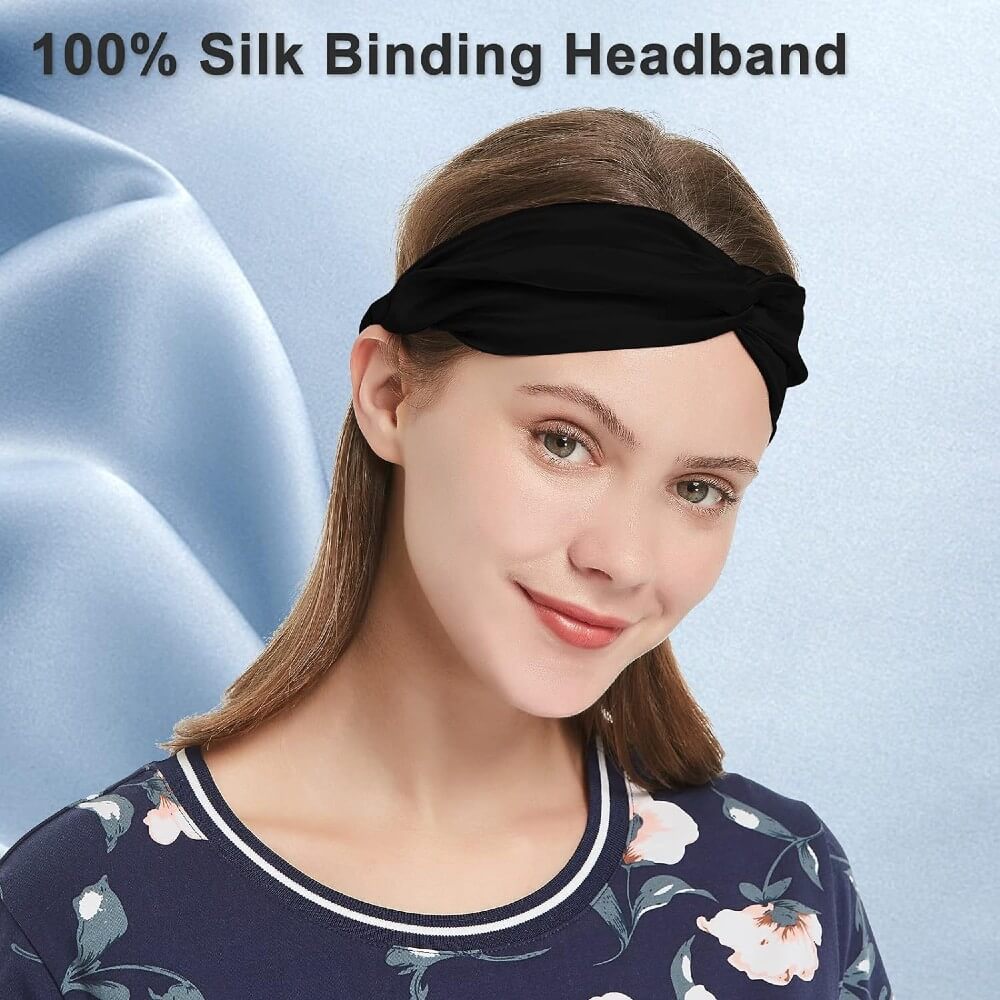 100% Mulberry Silk Headband Elastic Twisted Head Hair Wrap Spa Accessory Grade 6A Silk - Black