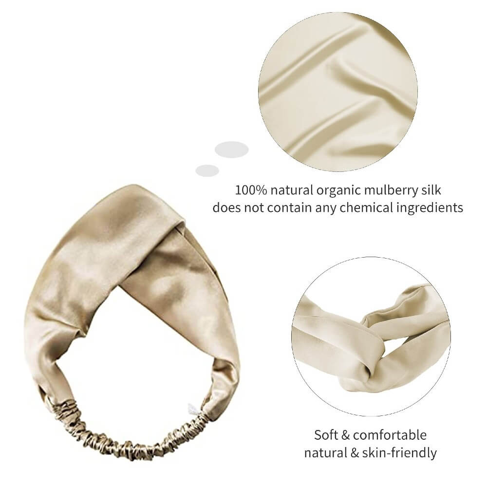 100% Mulberry Silk Headband Elastic Twisted Head Hair Wrap Spa Accessory Grade 6A Silk - Champagne