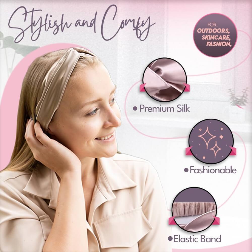 100% Mulberry Silk Headband Elastic Twisted Head Hair Wrap Spa Accessory Grade 6A Silk - Champagne