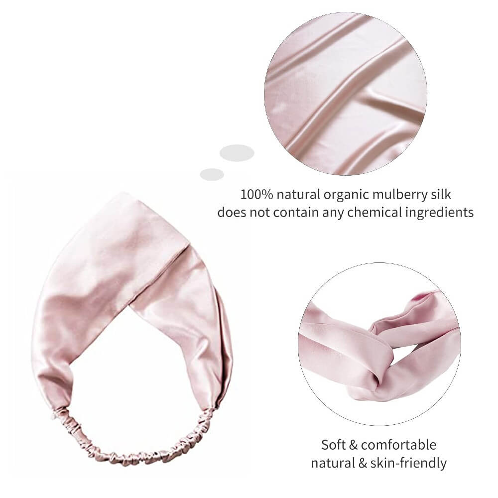 100% Mulberry Silk Headband Elastic Twisted Head Hair Wrap Spa Accessory Grade 6A Silk - Pink