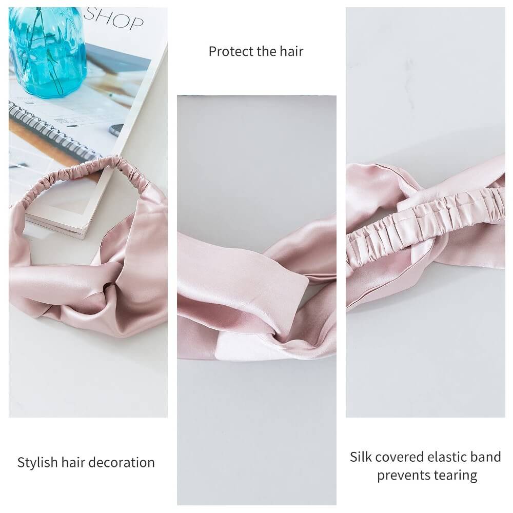 100% Mulberry Silk Headband Elastic Twisted Head Hair Wrap Spa Accessory Grade 6A Silk - Pink