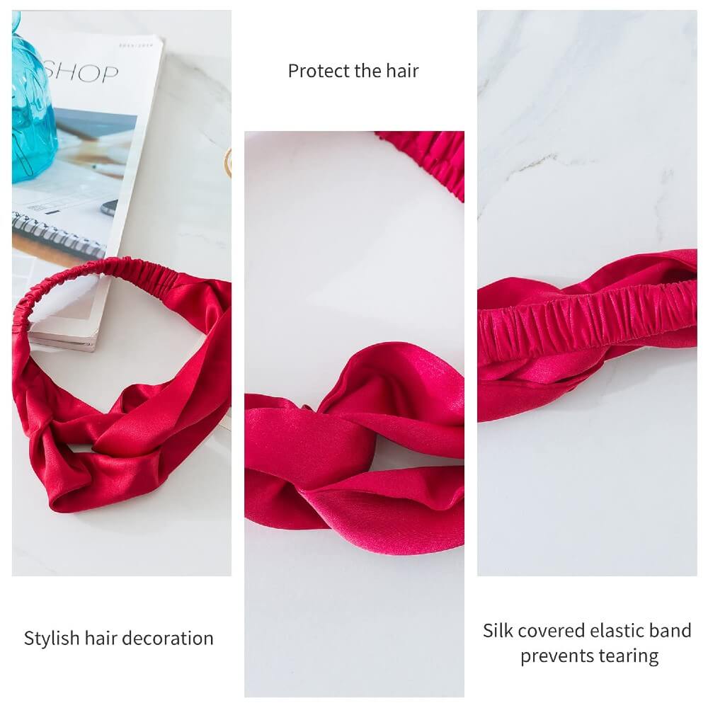 100% Mulberry Silk Headband Elastic Twisted Head Hair Wrap Spa Accessory Grade 6A Silk - Red