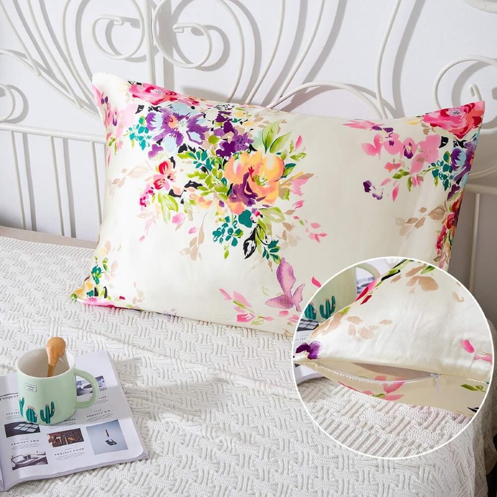 100% Mulberry Silk Pillowcase for Hair and Skin Natural Silk Pillow Cover Hidden Zipper Design with Floral Prints